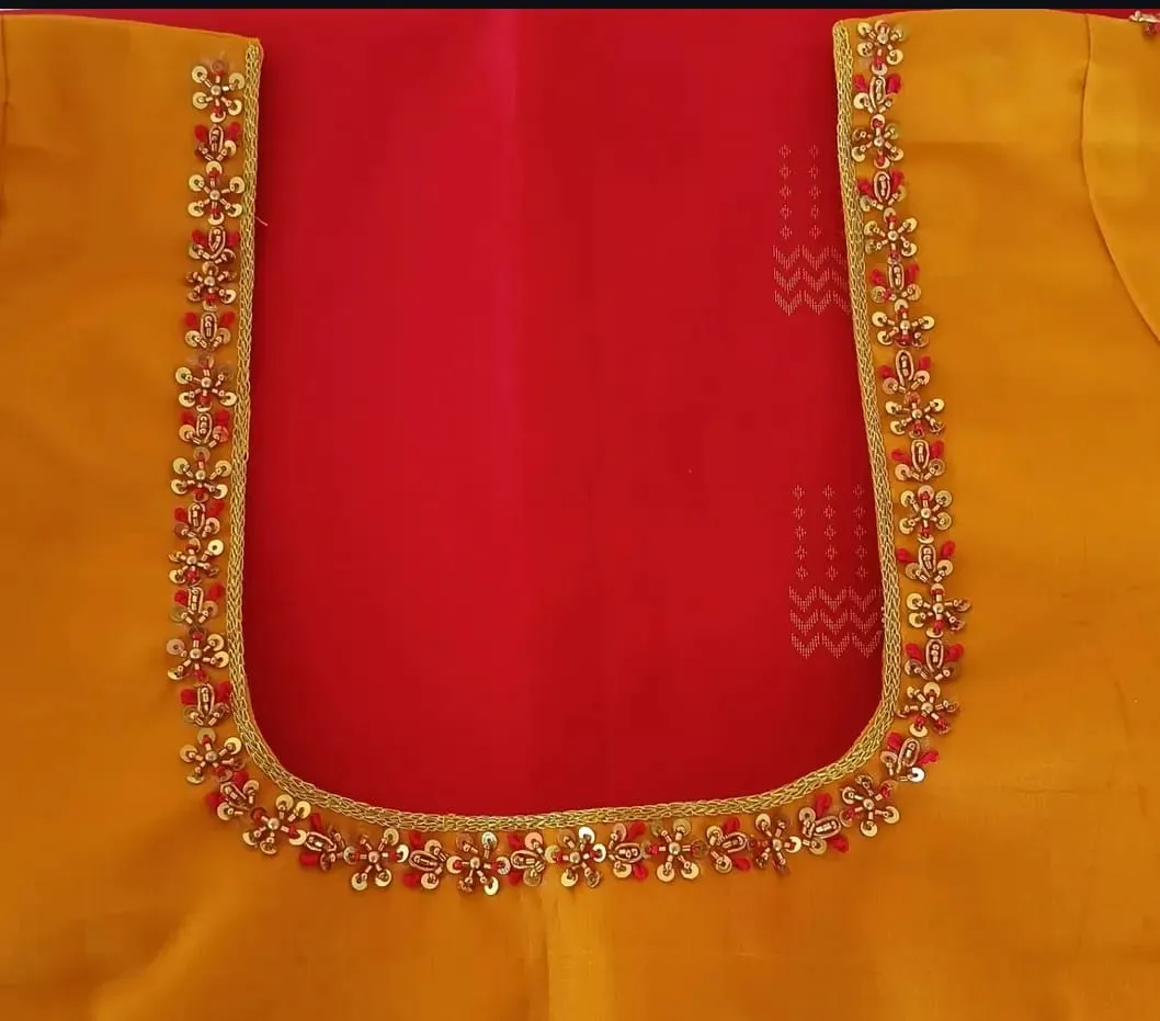 Mustard Yellow Silk Saree Blouse with Floral Zardozi & Red Thread Border | Haldi & Wedding Readymade Designer Blouse