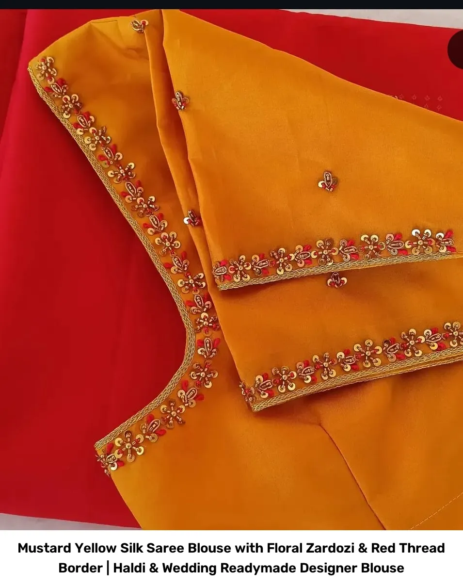 Mustard Yellow Silk Saree Blouse with Floral Zardozi & Red Thread Border | Haldi & Wedding Readymade Designer Blouse 2
