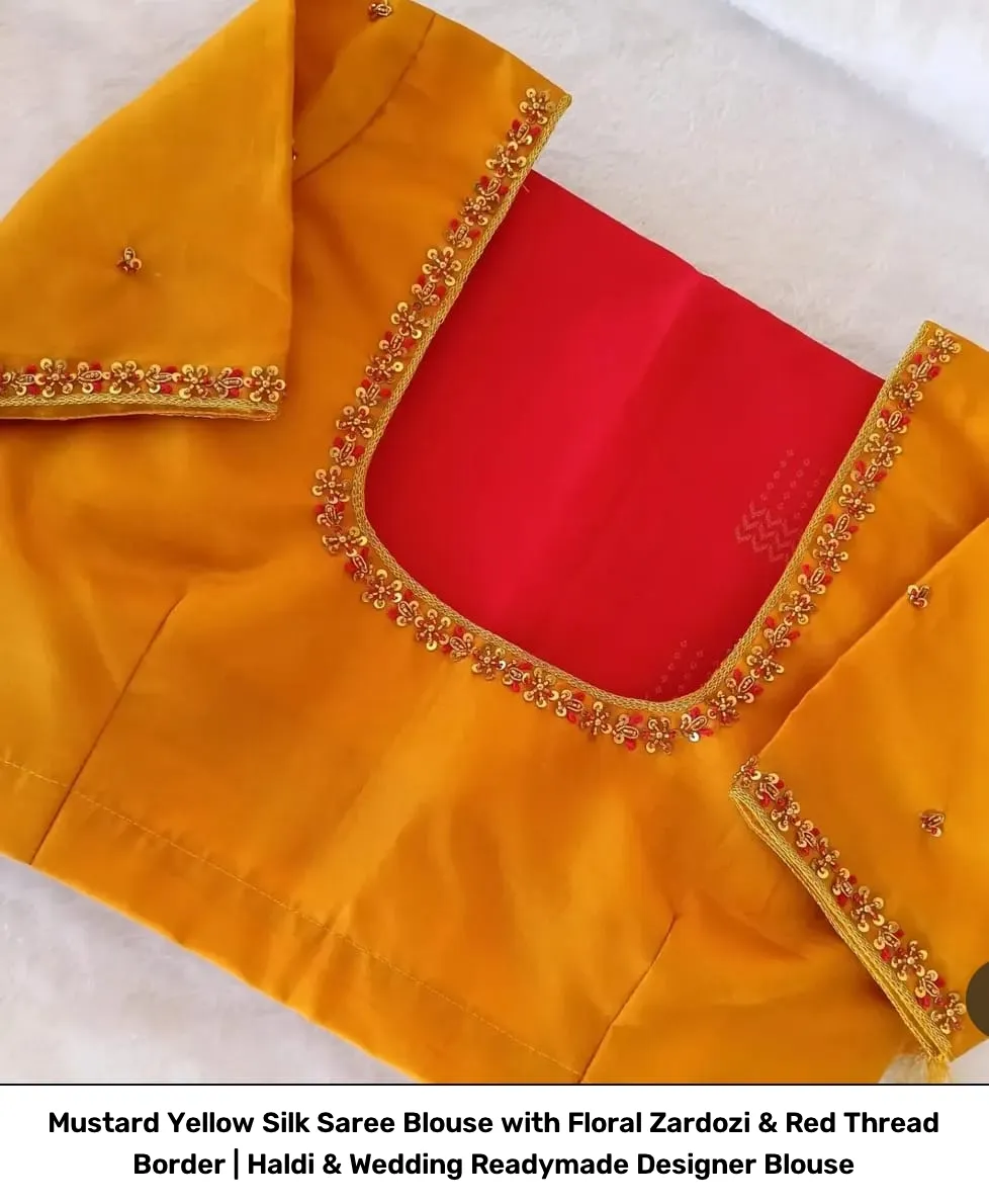 Mustard Yellow Silk Saree Blouse with Floral Zardozi & Red Thread Border | Haldi & Wedding Readymade Designer Blouse 3