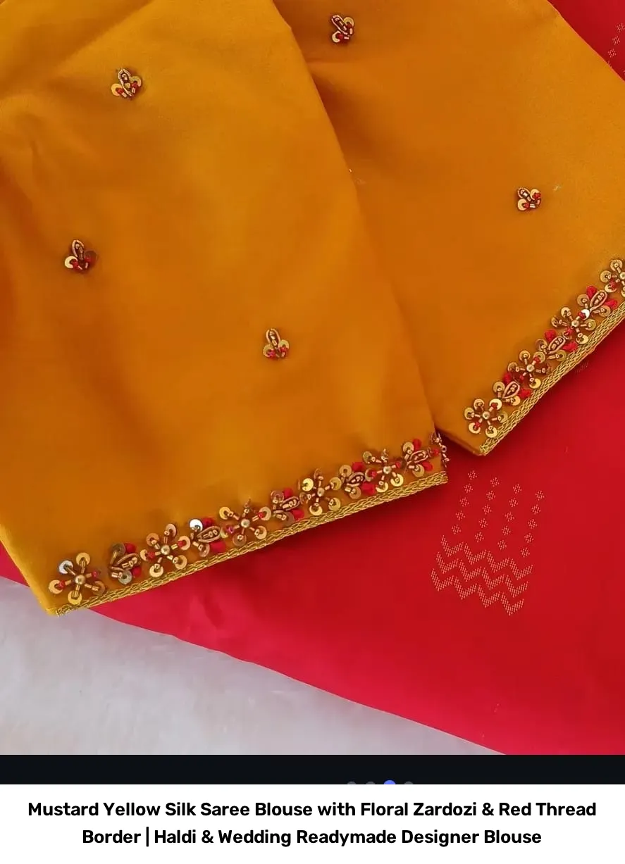 Mustard Yellow Silk Saree Blouse with Floral Zardozi & Red Thread Border | Haldi & Wedding Readymade Designer Blouse 4