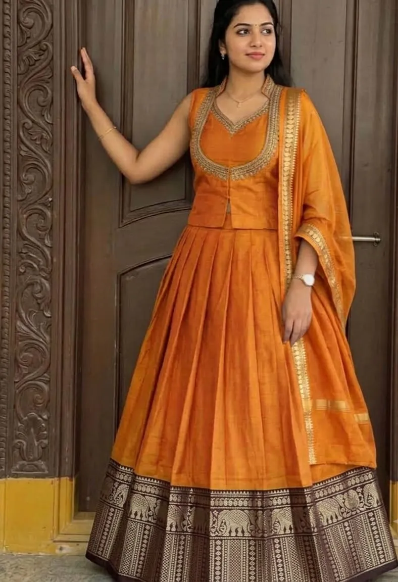 Narayanpet Handloom Lehenga with Maggam Work Yoke & Dupatta