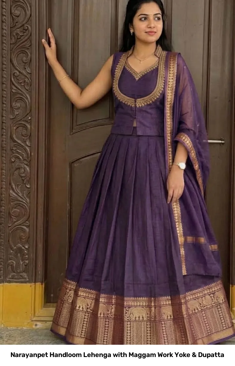 Narayanpet Handloom Lehenga with Maggam Work Yoke & Dupatta 2