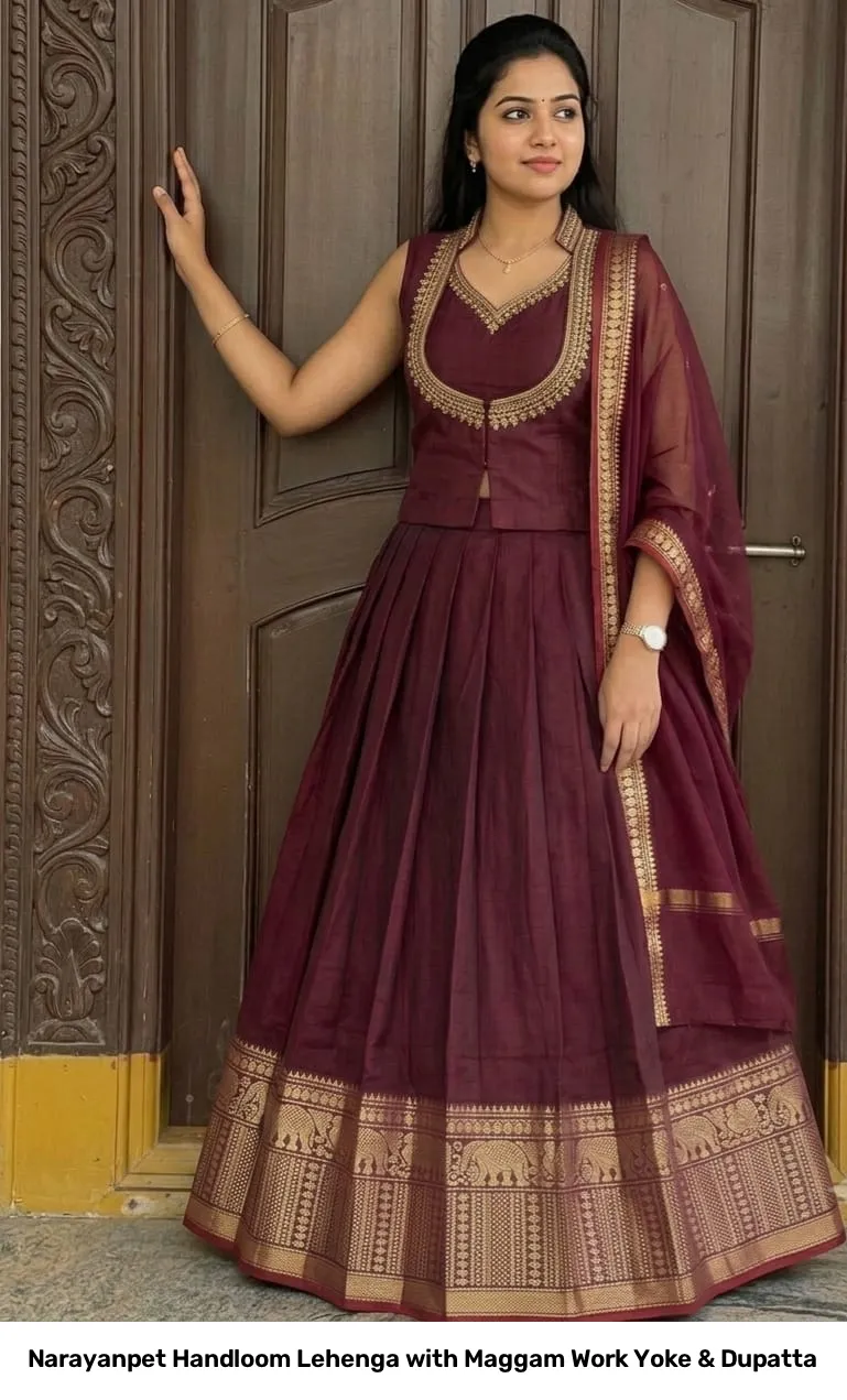 Narayanpet Handloom Lehenga with Maggam Work Yoke & Dupatta 3
