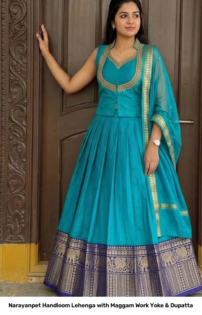 Narayanpet Handloom Lehenga with Maggam Work Yoke & Dupatta 4