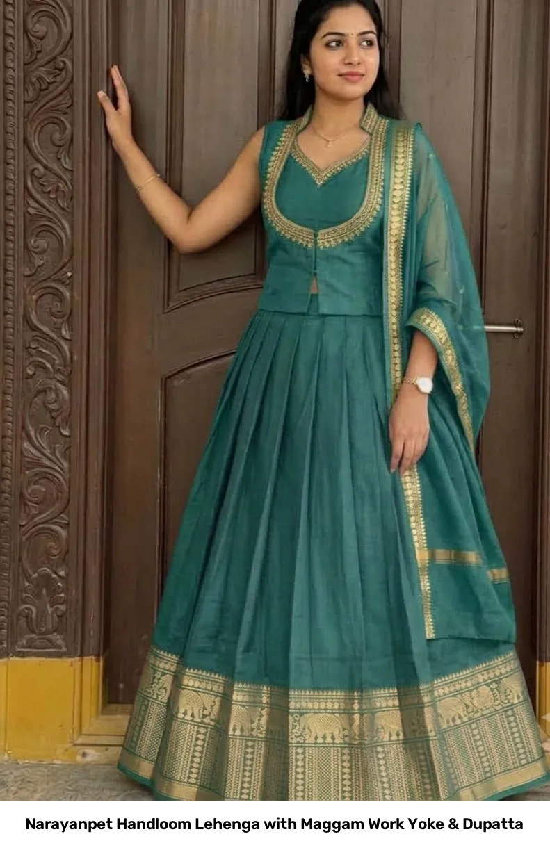 Narayanpet Handloom Lehenga with Maggam Work Yoke & Dupatta 5