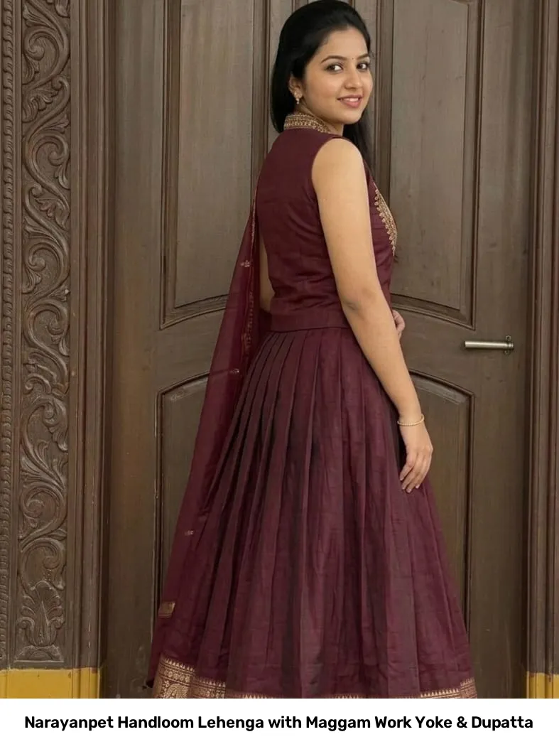 Narayanpet Handloom Lehenga with Maggam Work Yoke & Dupatta 6