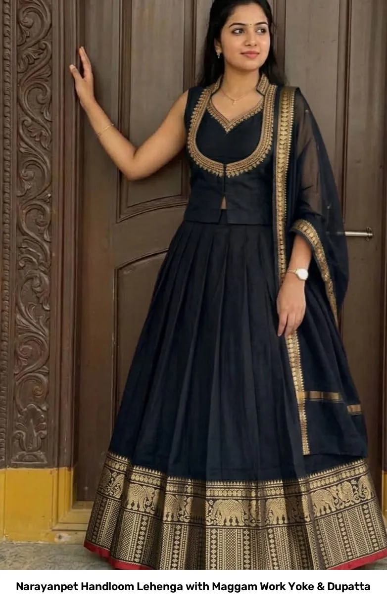 Narayanpet Handloom Lehenga with Maggam Work Yoke & Dupatta 7