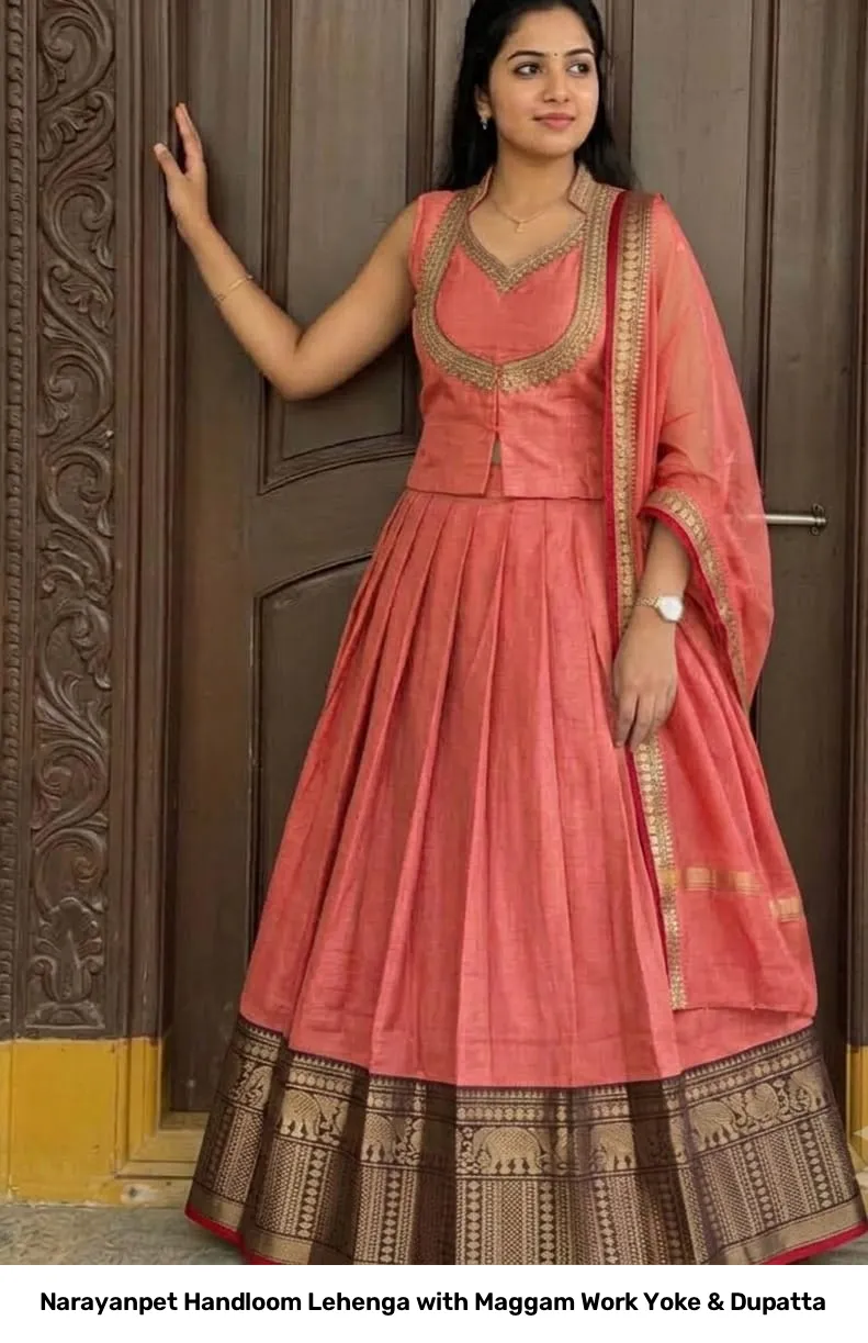 Narayanpet Handloom Lehenga with Maggam Work Yoke & Dupatta 8