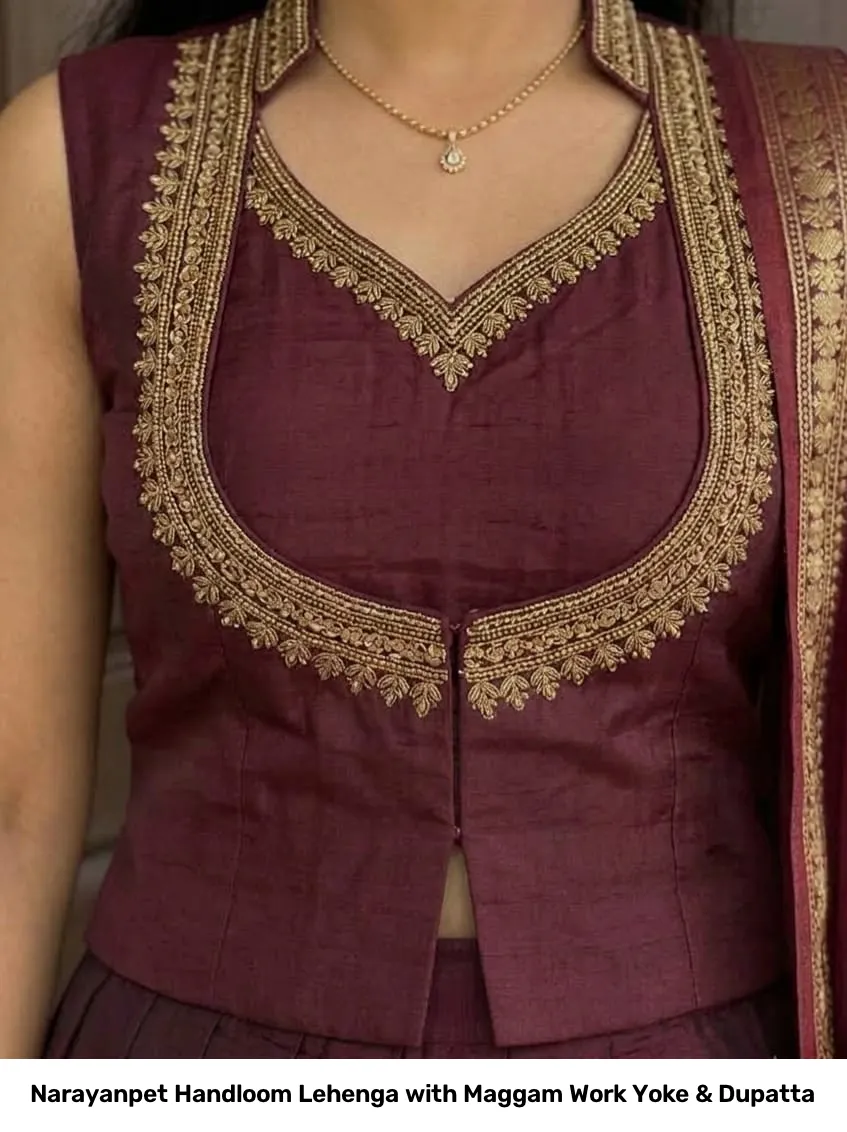 Narayanpet Handloom Lehenga with Maggam Work Yoke & Dupatta 9