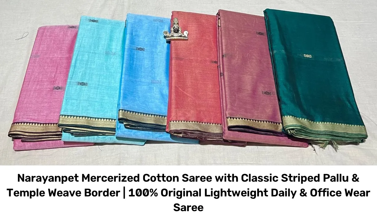 Narayanpet Mercerized Cotton Saree with Classic Striped Pallu & Temple Weave Border | 100% Original Lightweight Daily & Office Wear Saree 2