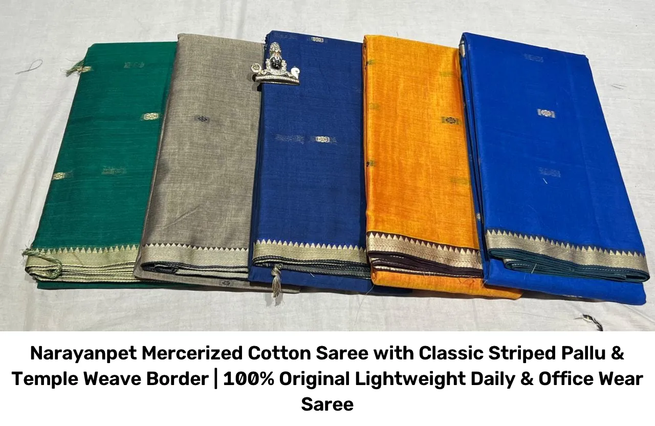Narayanpet Mercerized Cotton Saree with Classic Striped Pallu & Temple Weave Border | 100% Original Lightweight Daily & Office Wear Saree 3