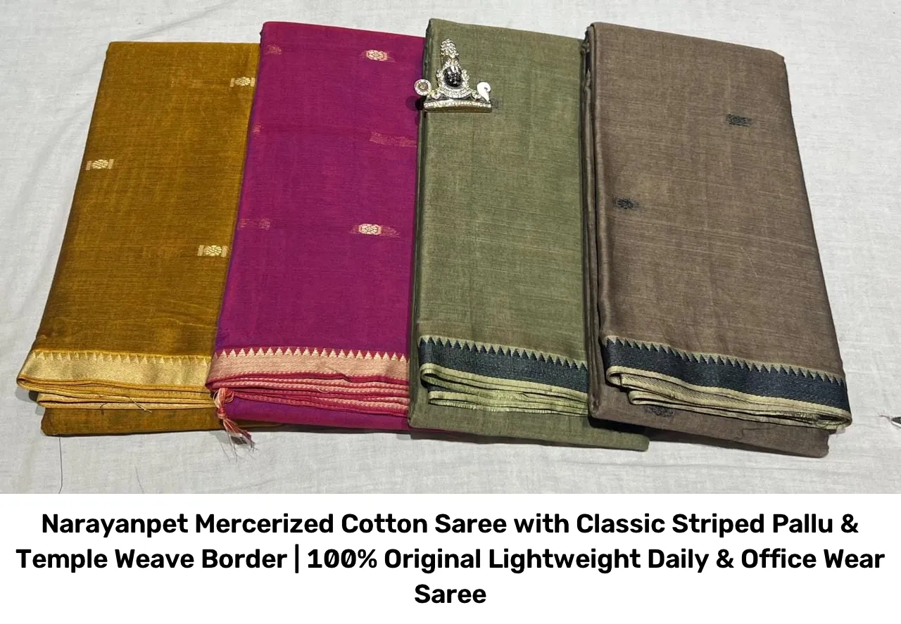 Narayanpet Mercerized Cotton Saree with Classic Striped Pallu & Temple Weave Border | 100% Original Lightweight Daily & Office Wear Saree 4