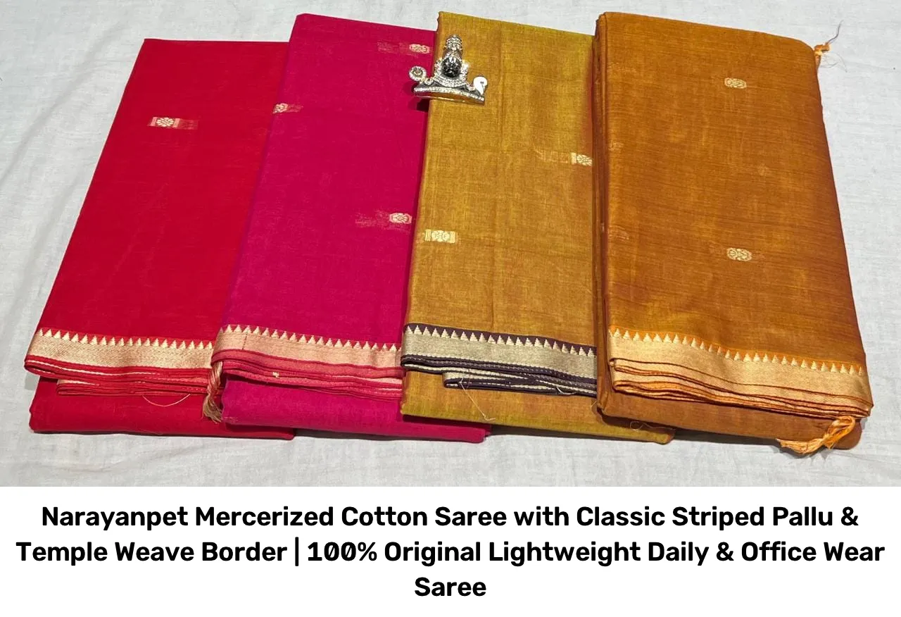 Narayanpet Mercerized Cotton Saree with Classic Striped Pallu & Temple Weave Border | 100% Original Lightweight Daily & Office Wear Saree 5