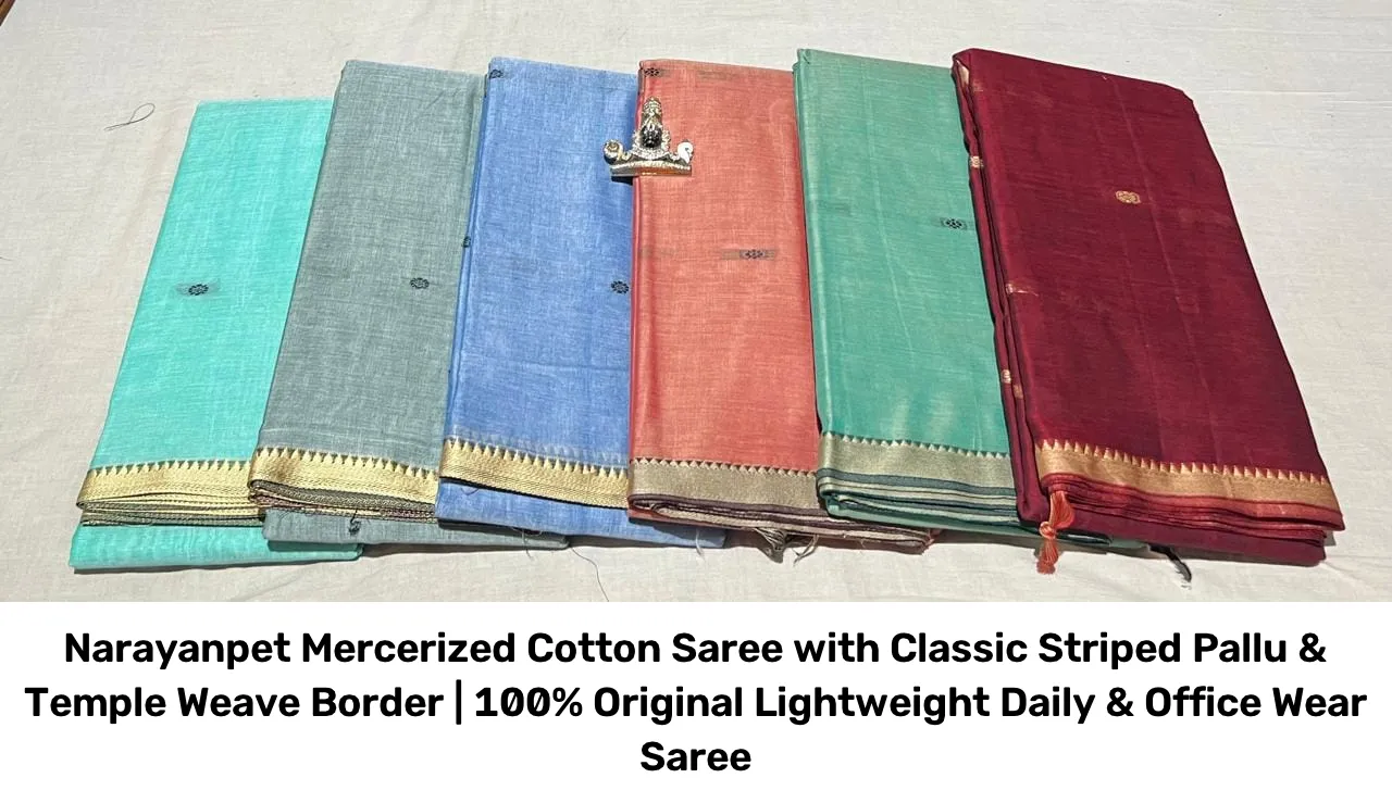 Narayanpet Mercerized Cotton Saree with Classic Striped Pallu & Temple Weave Border | 100% Original Lightweight Daily & Office Wear Saree 6