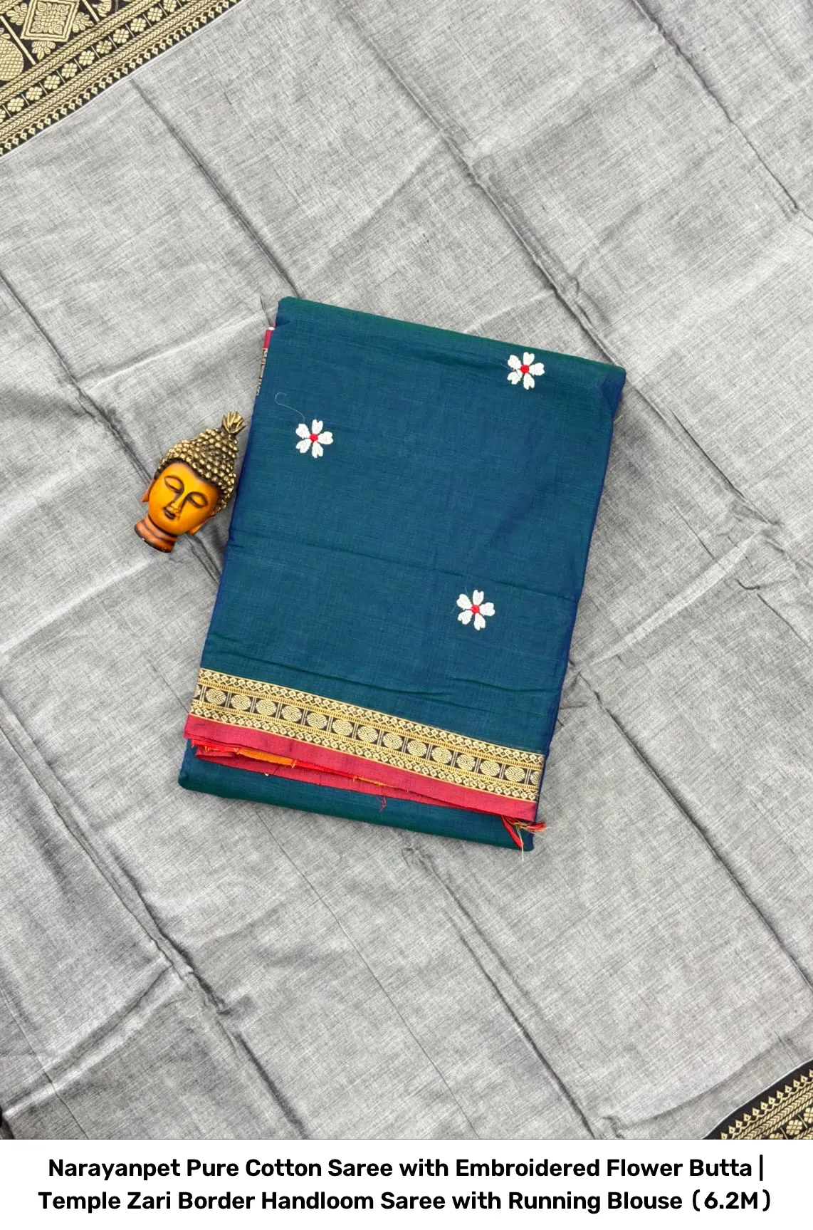 Narayanpet Pure Cotton Saree with Embroidered Flower Butta | Temple Zari Border Handloom Saree with Running Blouse (6.2M) 10