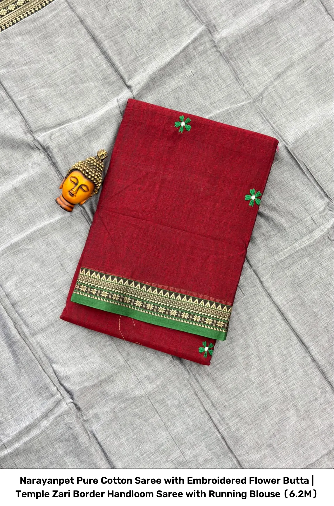 Narayanpet Pure Cotton Saree with Embroidered Flower Butta | Temple Zari Border Handloom Saree with Running Blouse (6.2M) 11