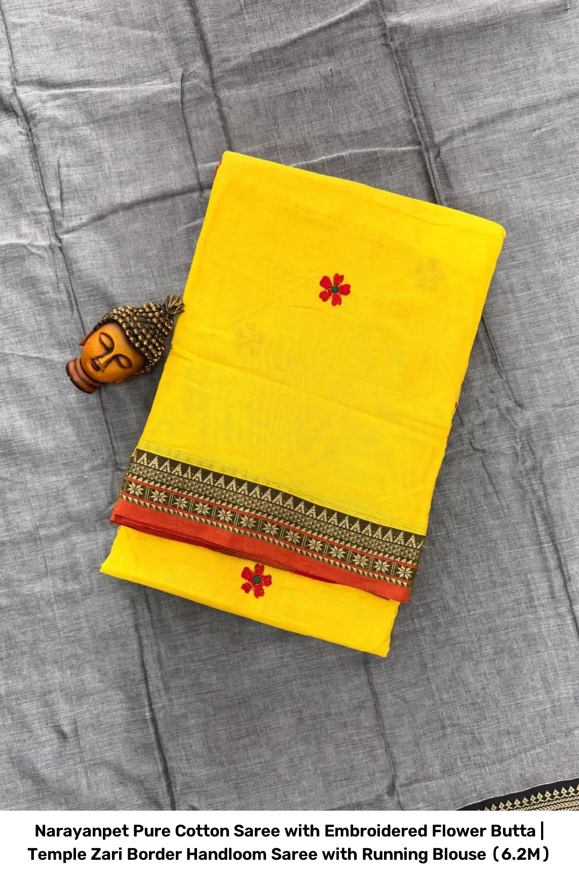 Narayanpet Pure Cotton Saree with Embroidered Flower Butta | Temple Zari Border Handloom Saree with Running Blouse (6.2M) 12