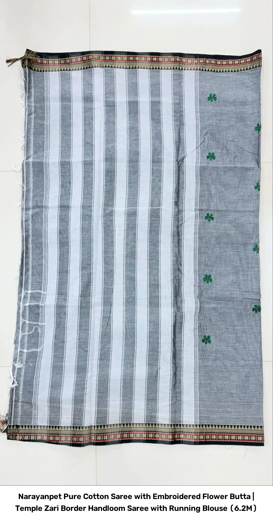 Narayanpet Pure Cotton Saree with Embroidered Flower Butta | Temple Zari Border Handloom Saree with Running Blouse (6.2M) 14