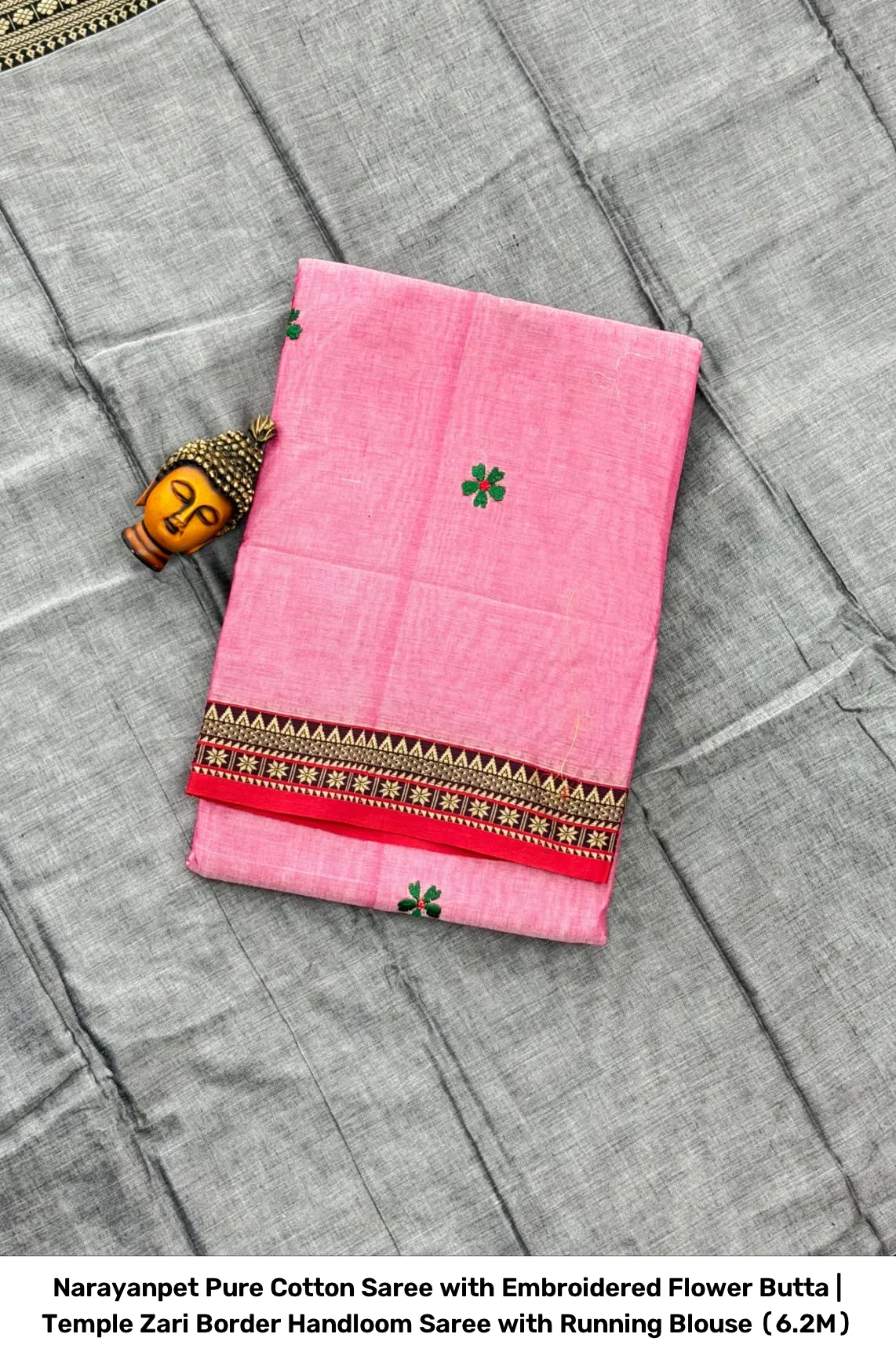 Narayanpet Pure Cotton Saree with Embroidered Flower Butta | Temple Zari Border Handloom Saree with Running Blouse (6.2M) 15