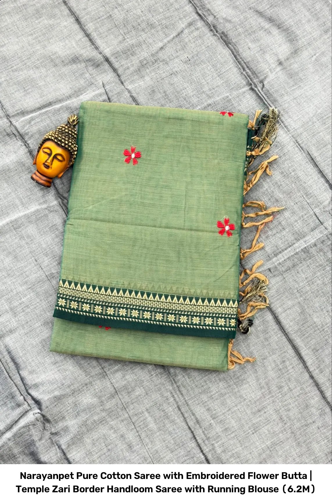 Narayanpet Pure Cotton Saree with Embroidered Flower Butta | Temple Zari Border Handloom Saree with Running Blouse (6.2M) 16