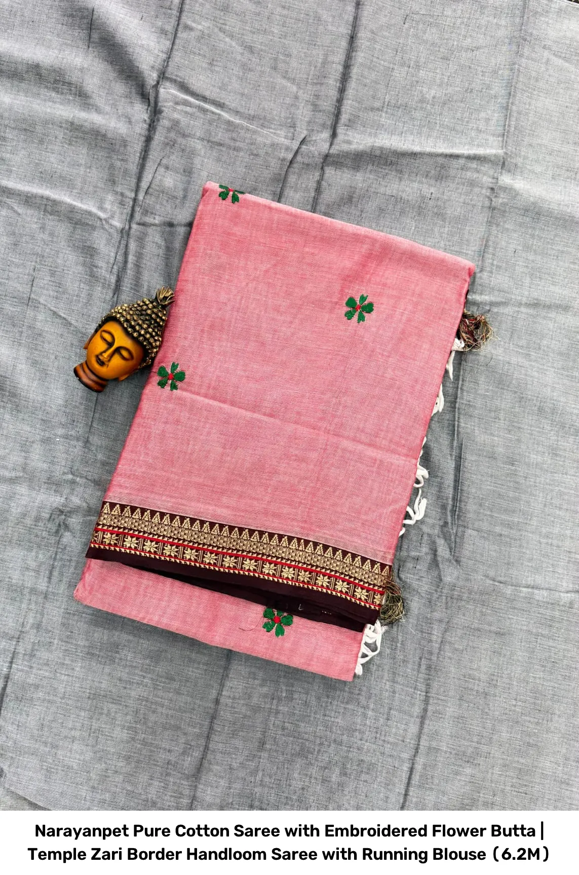 Narayanpet Pure Cotton Saree with Embroidered Flower Butta | Temple Zari Border Handloom Saree with Running Blouse (6.2M) 18