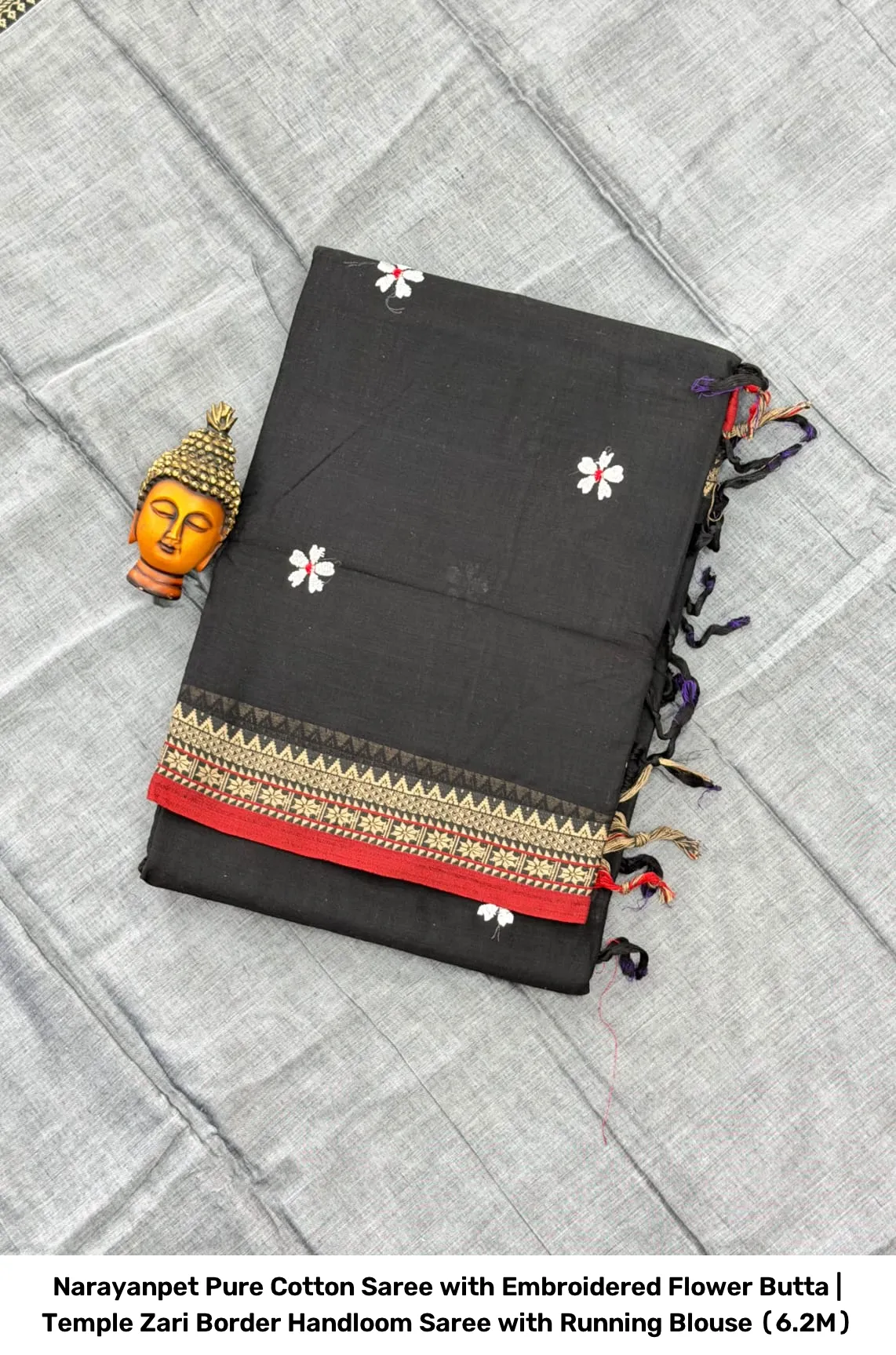 Narayanpet Pure Cotton Saree with Embroidered Flower Butta | Temple Zari Border Handloom Saree with Running Blouse (6.2M) 2