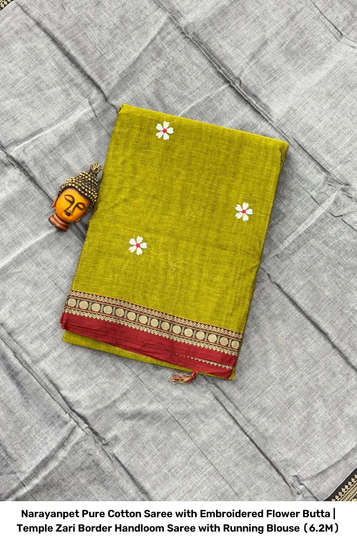 Narayanpet Pure Cotton Saree with Embroidered Flower Butta | Temple Zari Border Handloom Saree with Running Blouse (6.2M) 3
