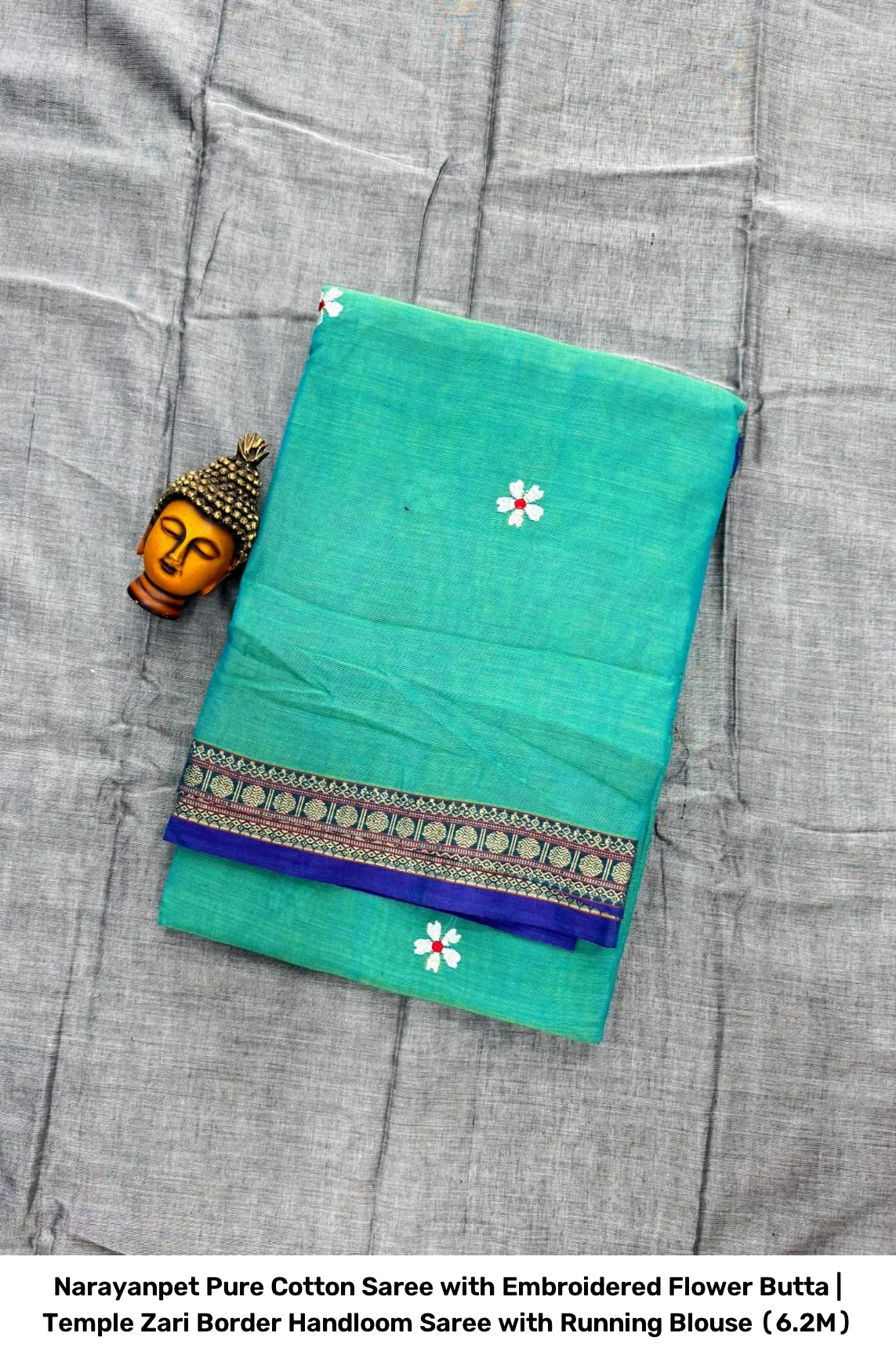 Narayanpet Pure Cotton Saree with Embroidered Flower Butta | Temple Zari Border Handloom Saree with Running Blouse (6.2M) 4