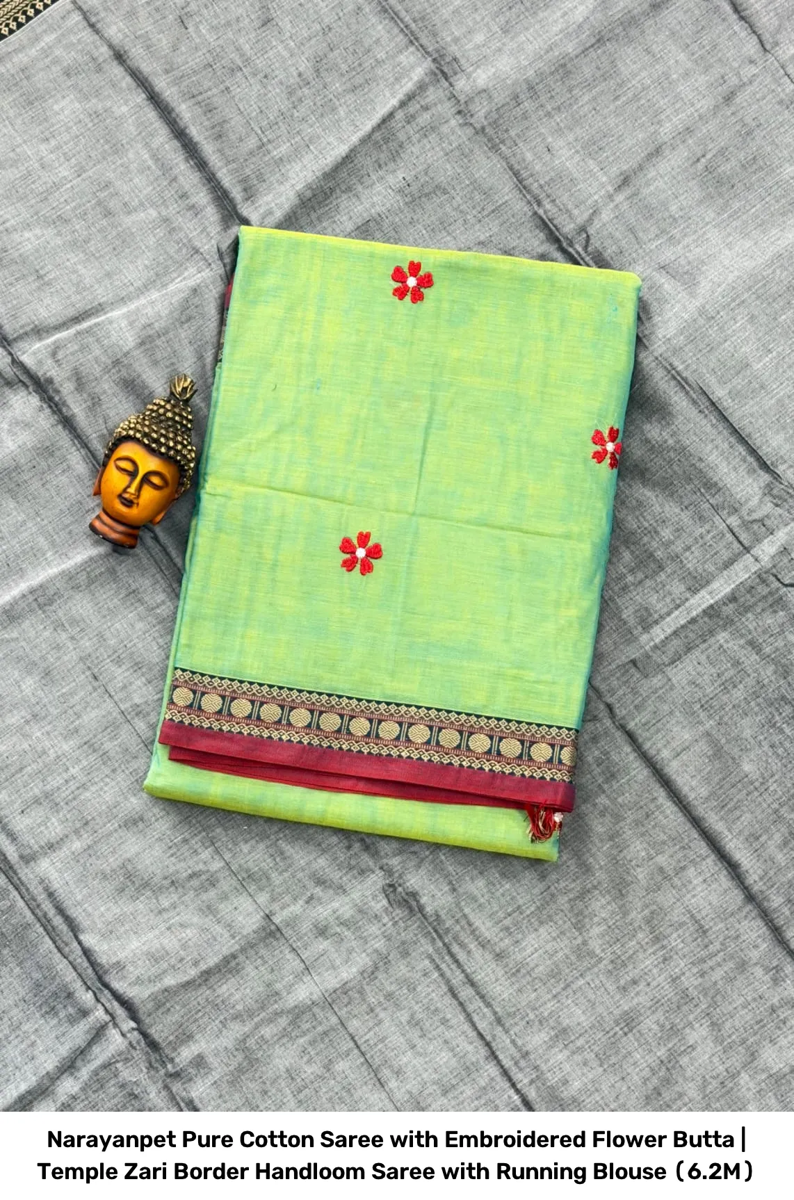 Narayanpet Pure Cotton Saree with Embroidered Flower Butta | Temple Zari Border Handloom Saree with Running Blouse (6.2M) 5