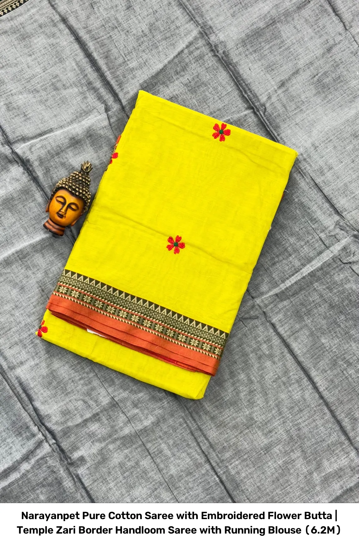 Narayanpet Pure Cotton Saree with Embroidered Flower Butta | Temple Zari Border Handloom Saree with Running Blouse (6.2M) 6