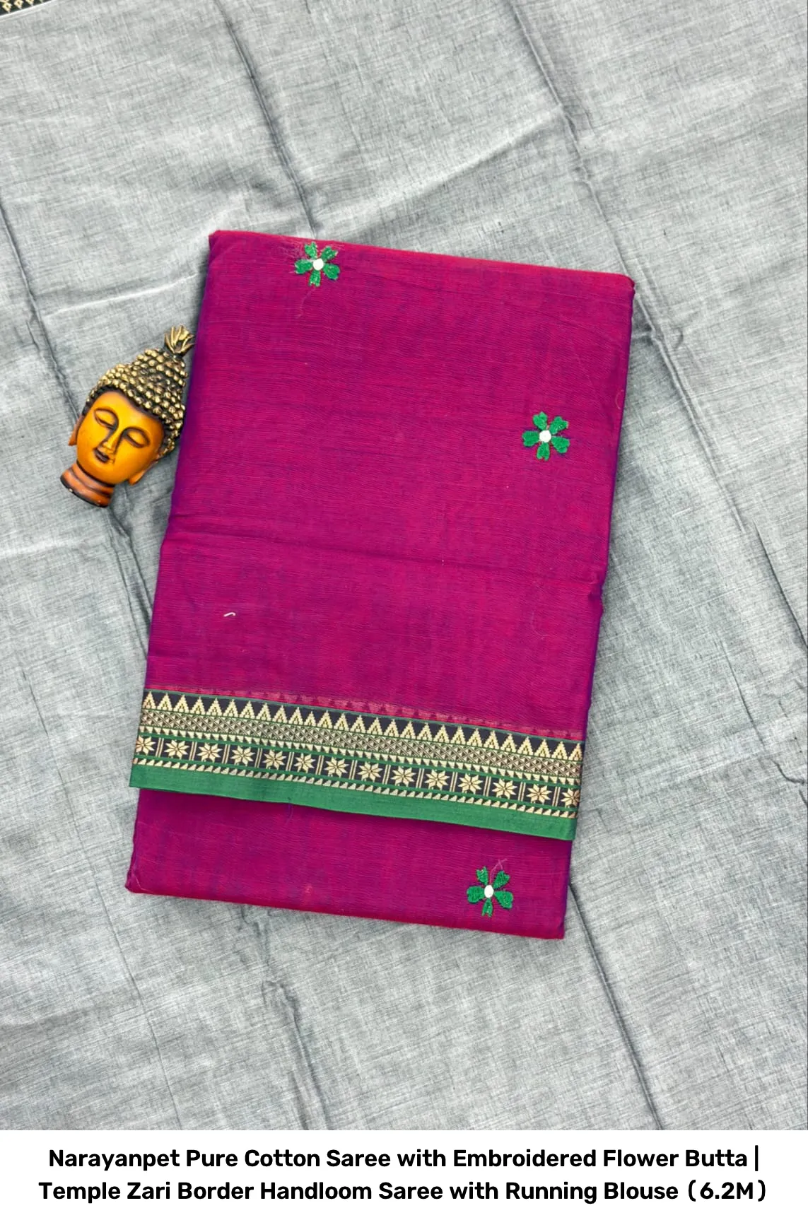 Narayanpet Pure Cotton Saree with Embroidered Flower Butta | Temple Zari Border Handloom Saree with Running Blouse (6.2M) 7