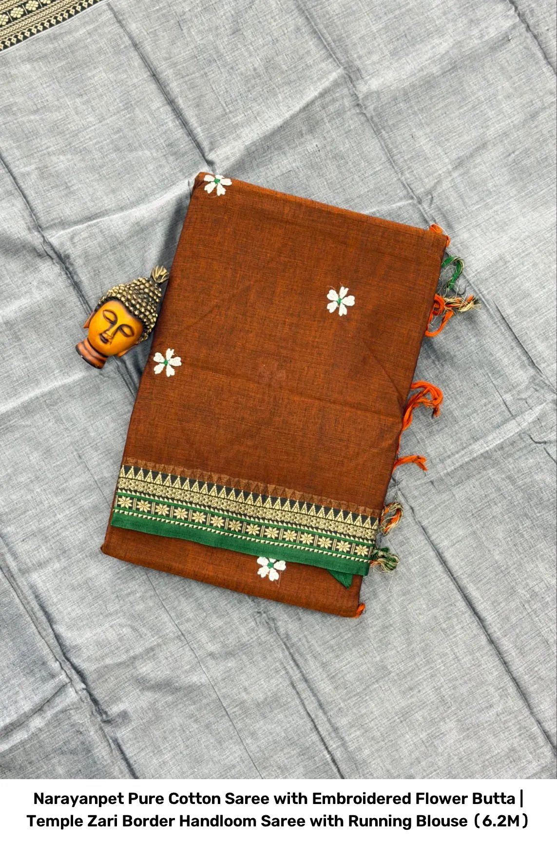 Narayanpet Pure Cotton Saree with Embroidered Flower Butta | Temple Zari Border Handloom Saree with Running Blouse (6.2M) 8