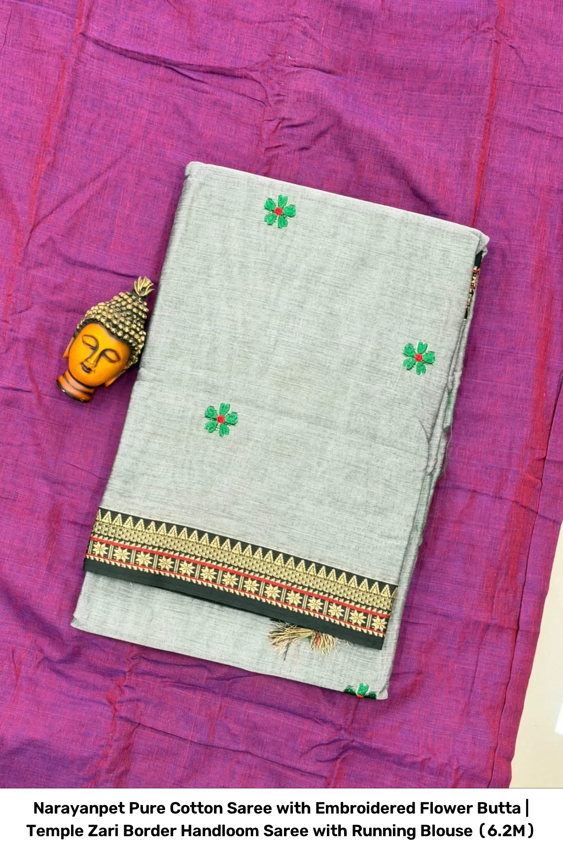 Narayanpet Pure Cotton Saree with Embroidered Flower Butta | Temple Zari Border Handloom Saree with Running Blouse (6.2M) 9