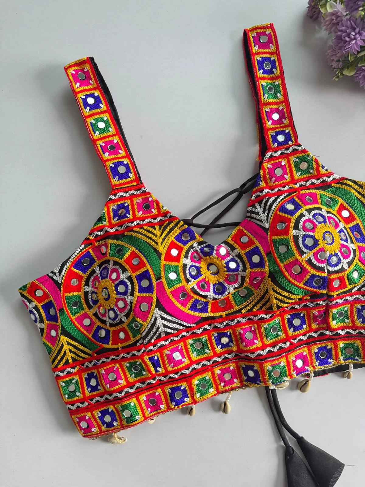 Navratri Gamthi Kutchi Work Halter Neck Blouse with Real Cowrie Shells & Back Dori Tie-Up