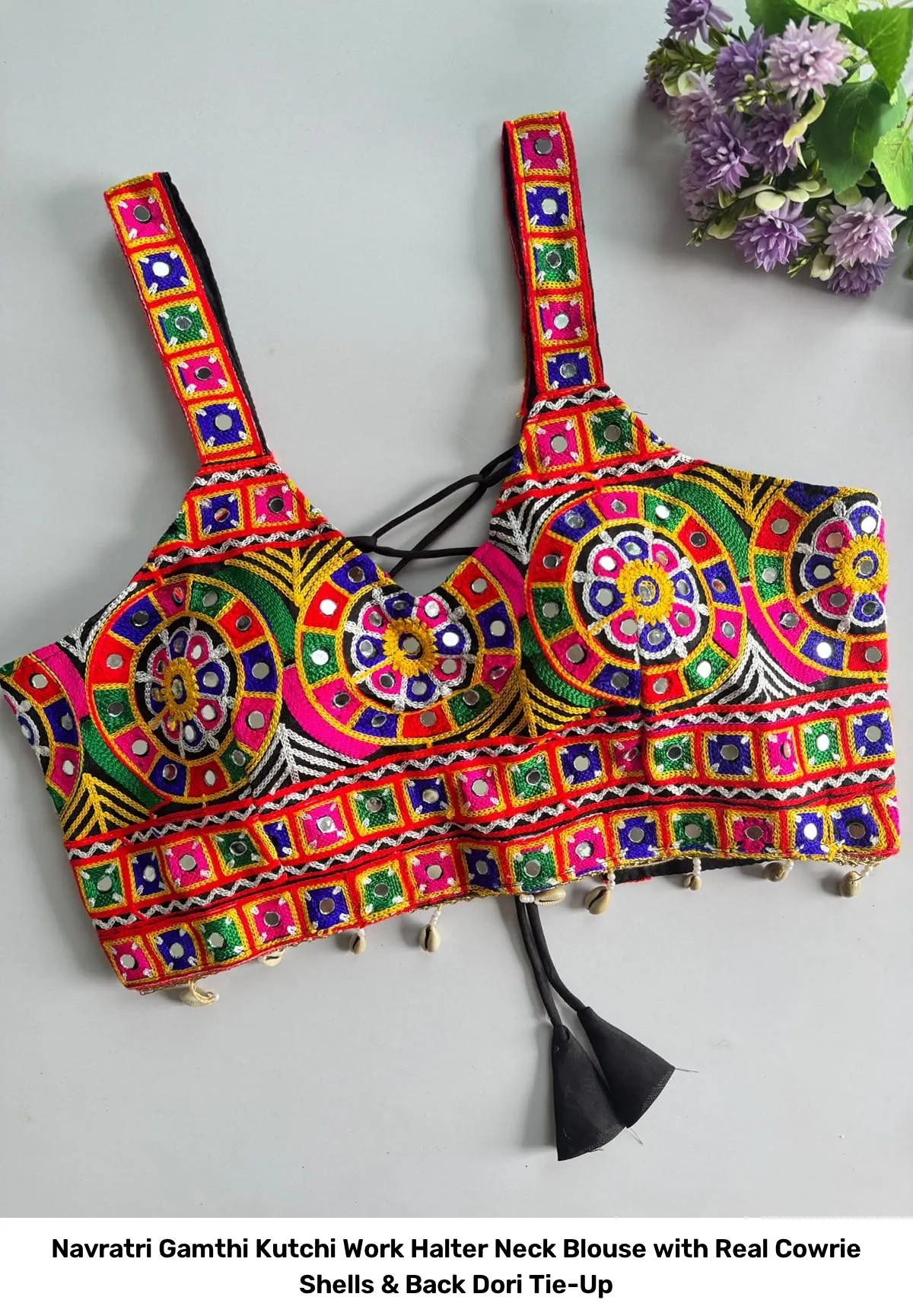 Navratri Gamthi Kutchi Work Halter Neck Blouse with Real Cowrie Shells & Back Dori Tie-Up 2