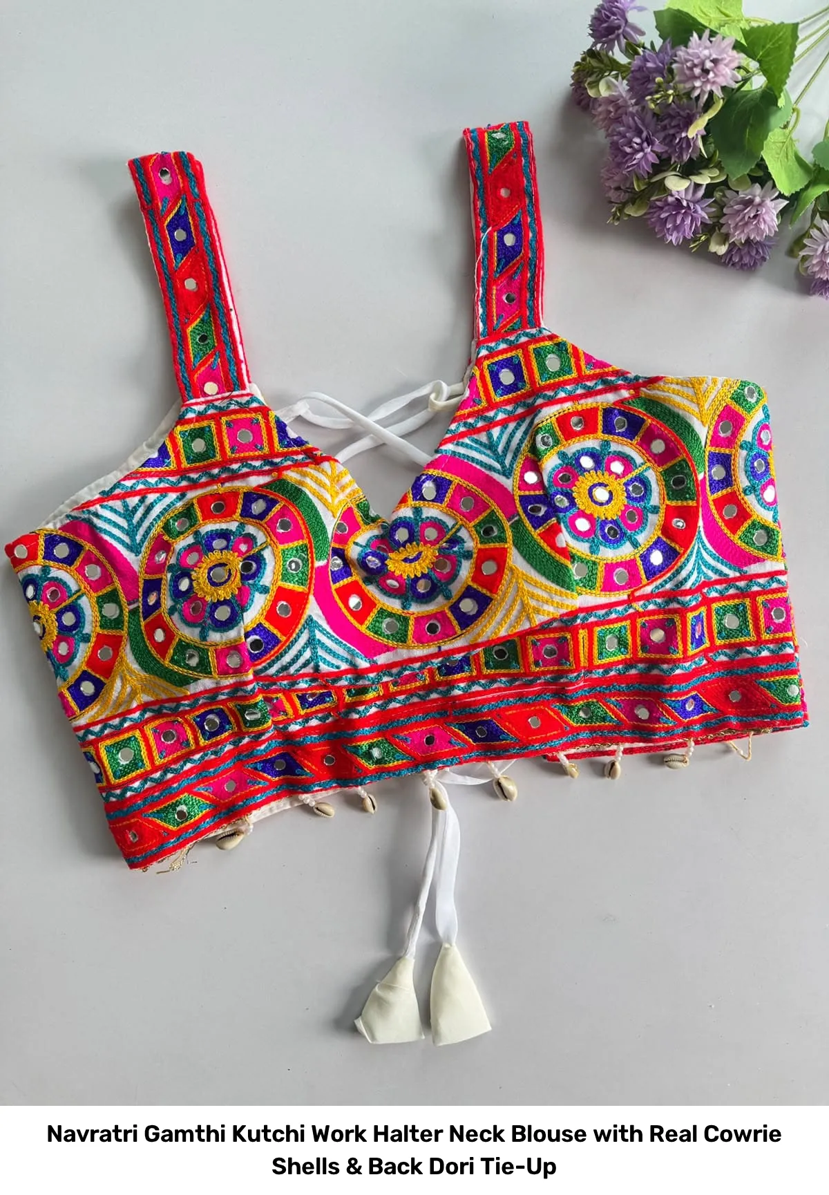 Navratri Gamthi Kutchi Work Halter Neck Blouse with Real Cowrie Shells & Back Dori Tie-Up 4