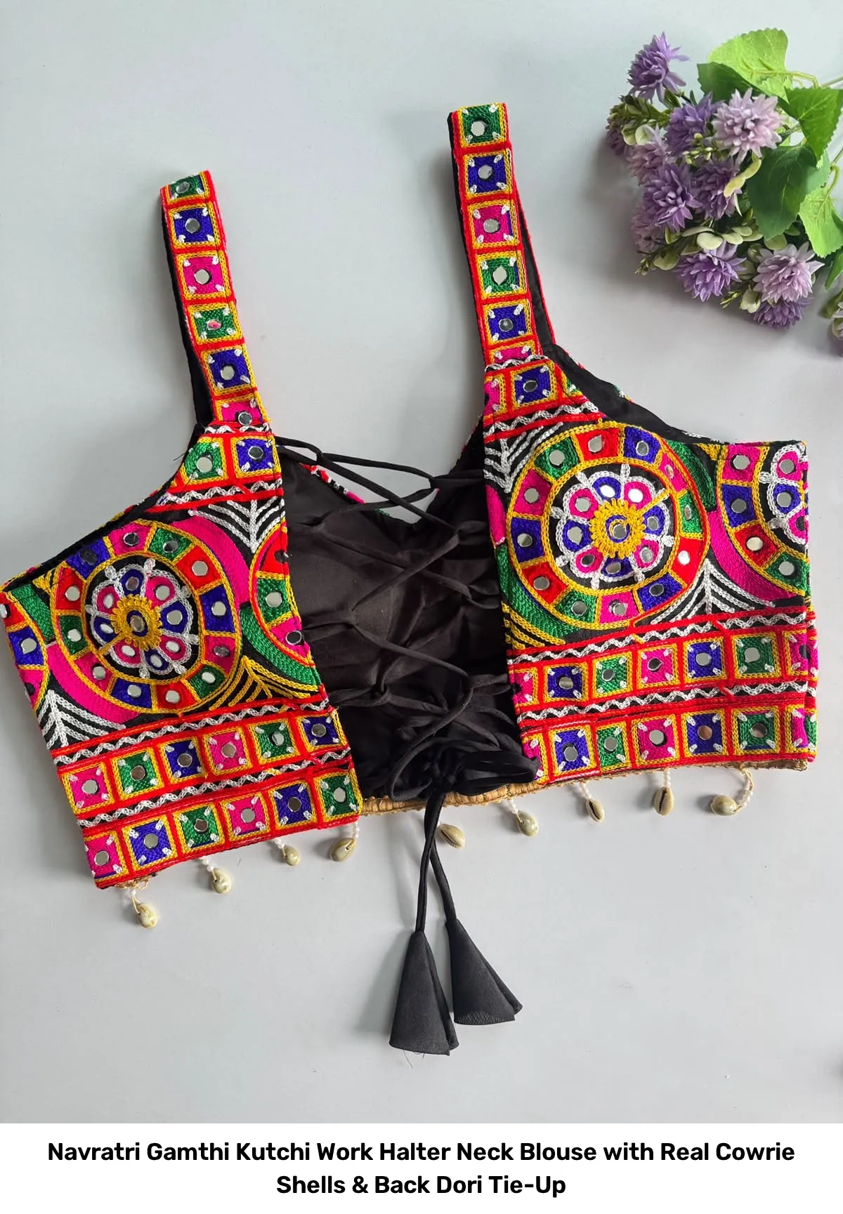 Navratri Gamthi Kutchi Work Halter Neck Blouse with Real Cowrie Shells & Back Dori Tie-Up 5