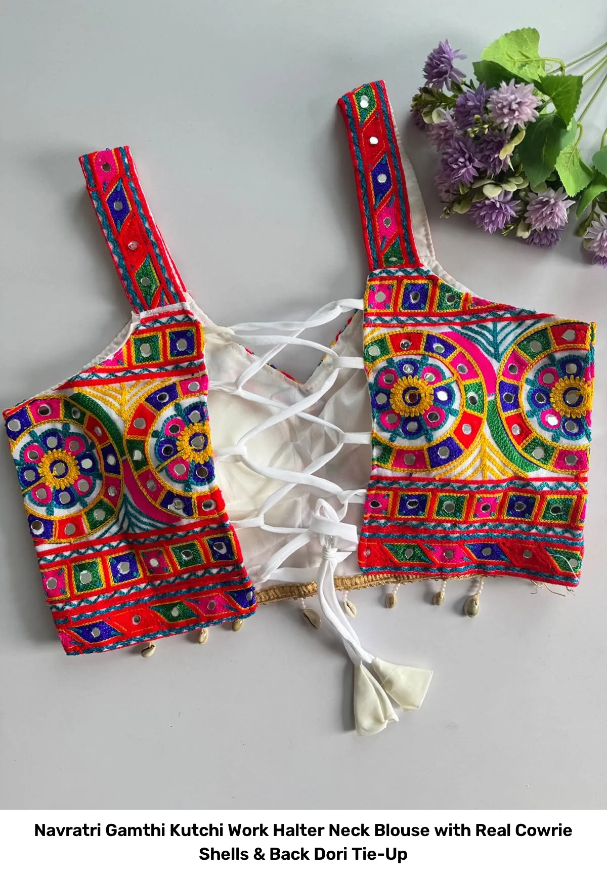 Navratri Gamthi Kutchi Work Halter Neck Blouse with Real Cowrie Shells & Back Dori Tie-Up 6