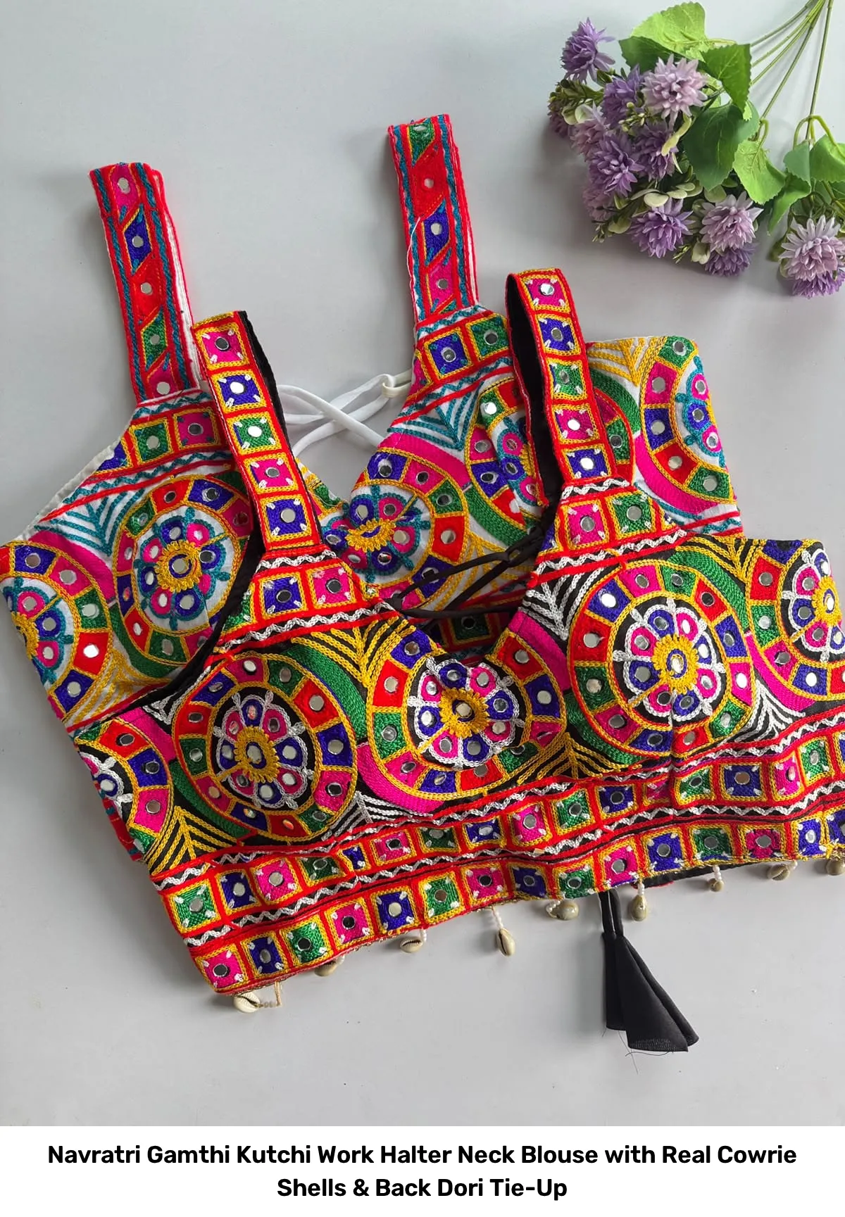 Navratri Gamthi Kutchi Work Halter Neck Blouse with Real Cowrie Shells & Back Dori Tie-Up 7