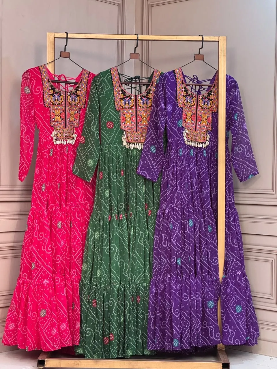 Navratri Special Bandhani Print Georgette Anarkali Gown with Kutchi Patch Work & 12 Meter Heavy Flair (Adjustable 38"-44")