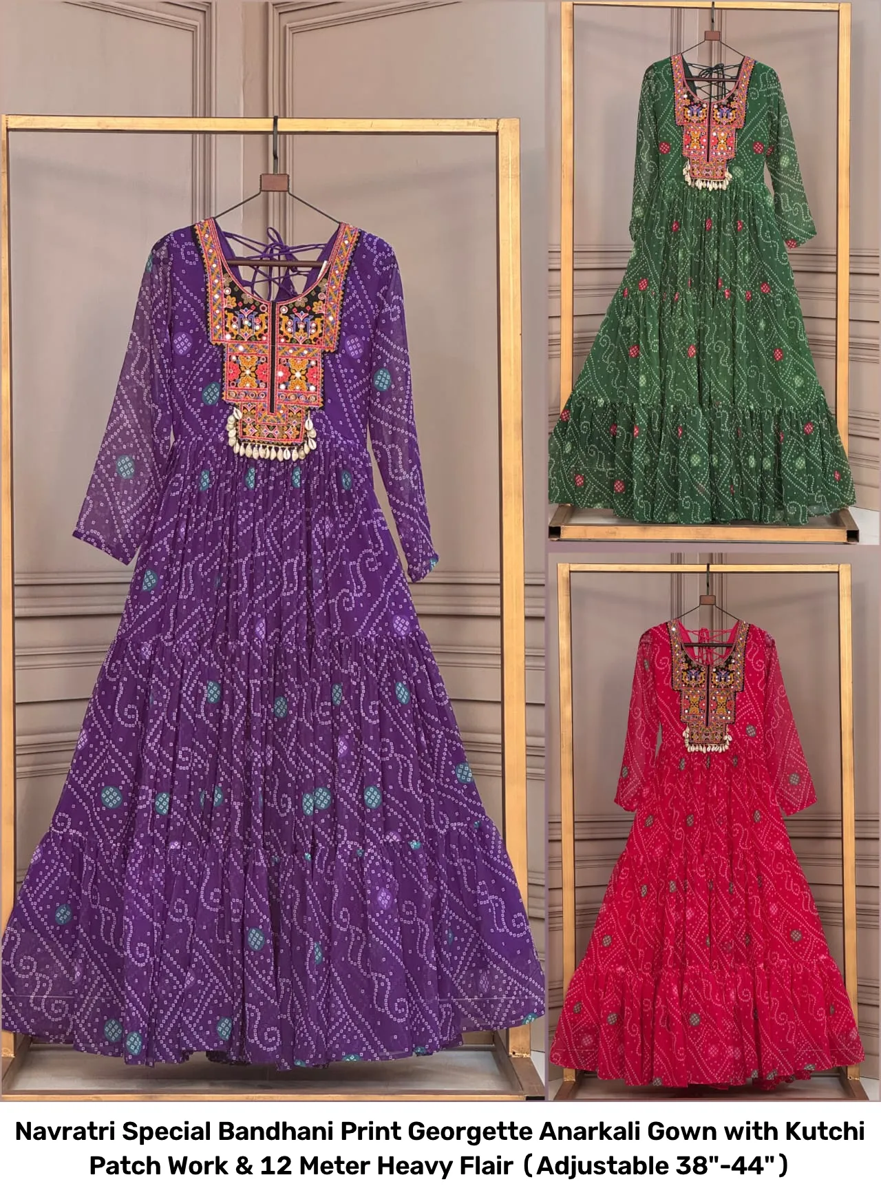 Navratri Special Bandhani Print Georgette Anarkali Gown with Kutchi Patch Work & 12 Meter Heavy Flair (Adjustable 38"-44") 2