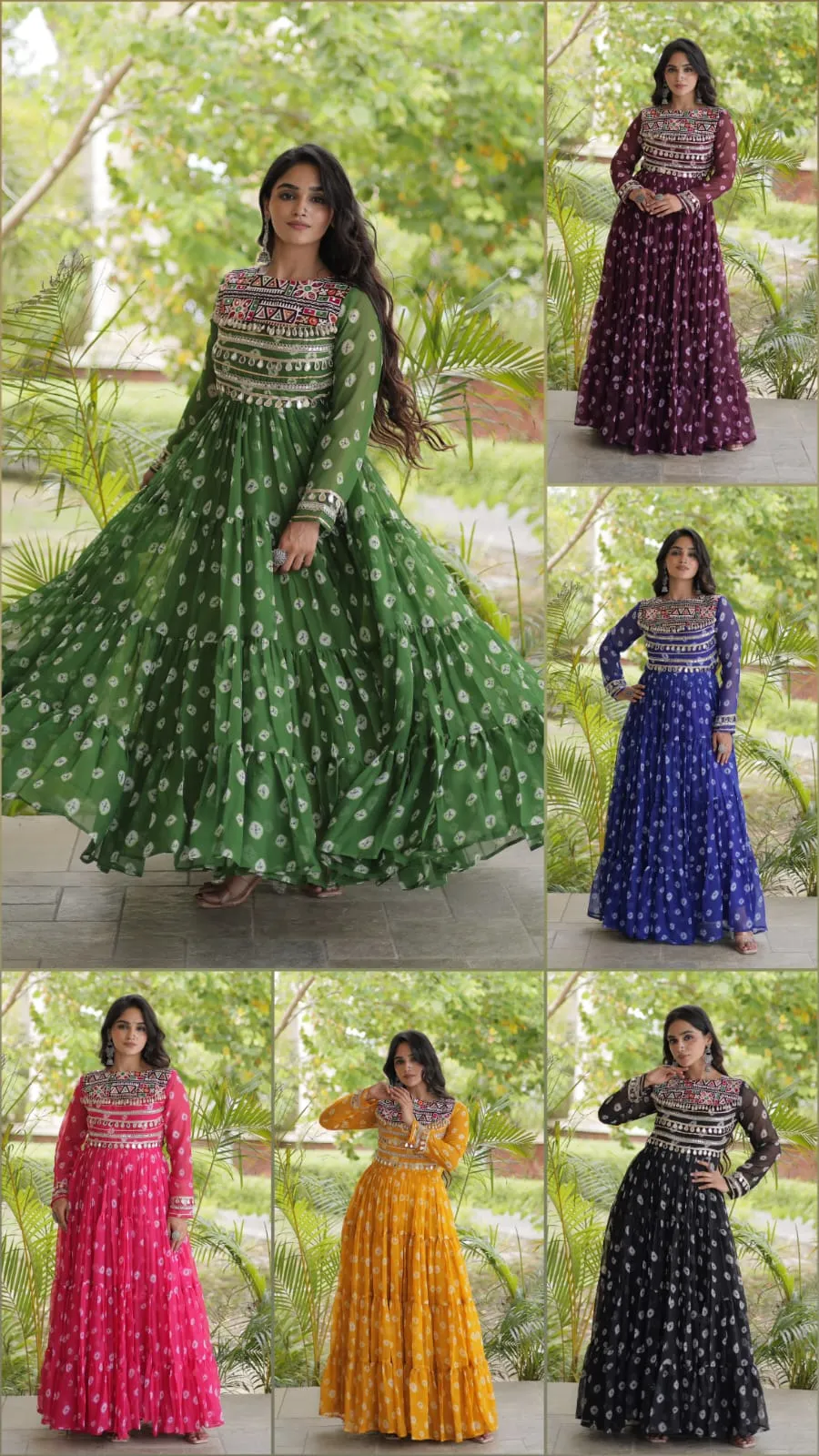 Navratri Special Bandhani Print Georgette Anarkali Gown with Kutchi Patchwork & Mirror Detailing | 12 Meter Heavy Flair Festive Gown