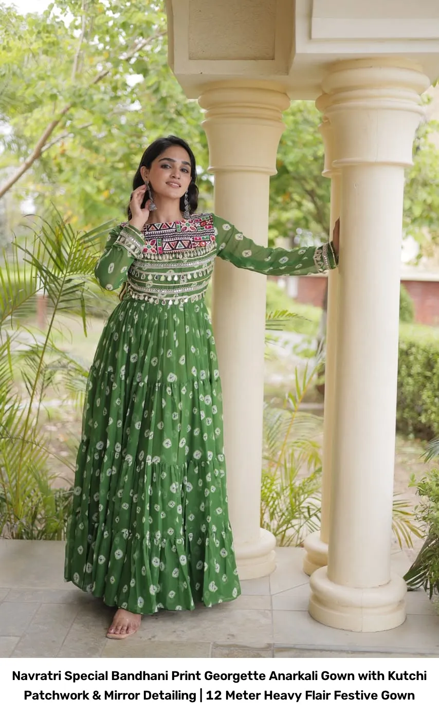 Navratri Special Bandhani Print Georgette Anarkali Gown with Kutchi Patchwork & Mirror Detailing | 12 Meter Heavy Flair Festive Gown 2
