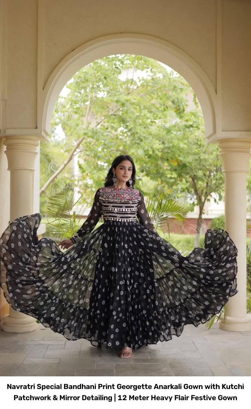 Navratri Special Bandhani Print Georgette Anarkali Gown with Kutchi Patchwork & Mirror Detailing | 12 Meter Heavy Flair Festive Gown 3