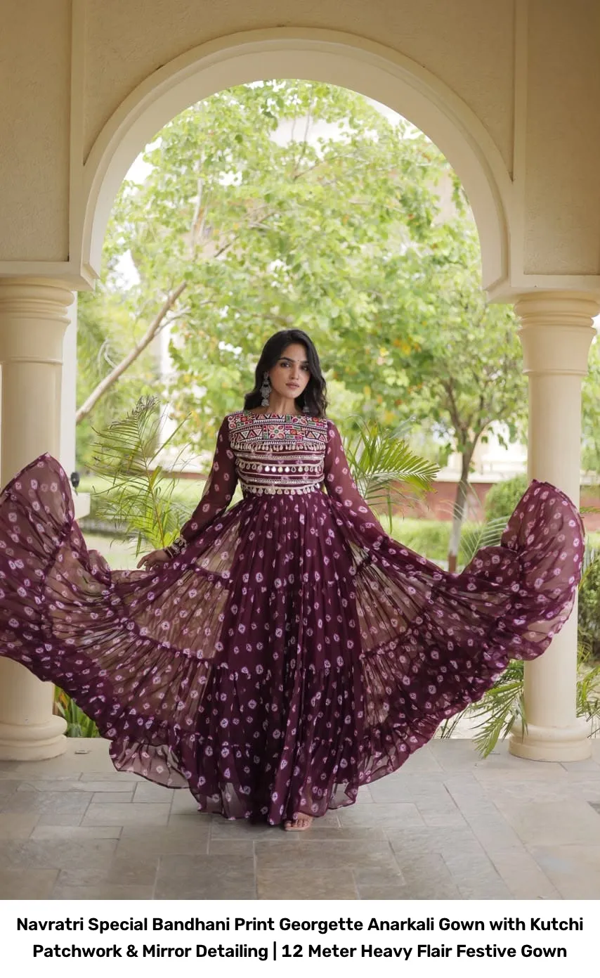 Navratri Special Bandhani Print Georgette Anarkali Gown with Kutchi Patchwork & Mirror Detailing | 12 Meter Heavy Flair Festive Gown 4