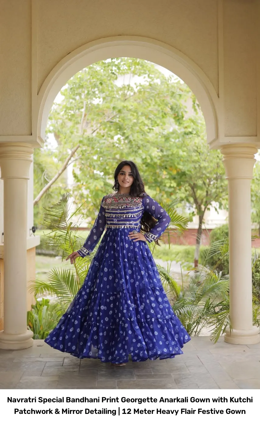Navratri Special Bandhani Print Georgette Anarkali Gown with Kutchi Patchwork & Mirror Detailing | 12 Meter Heavy Flair Festive Gown 5