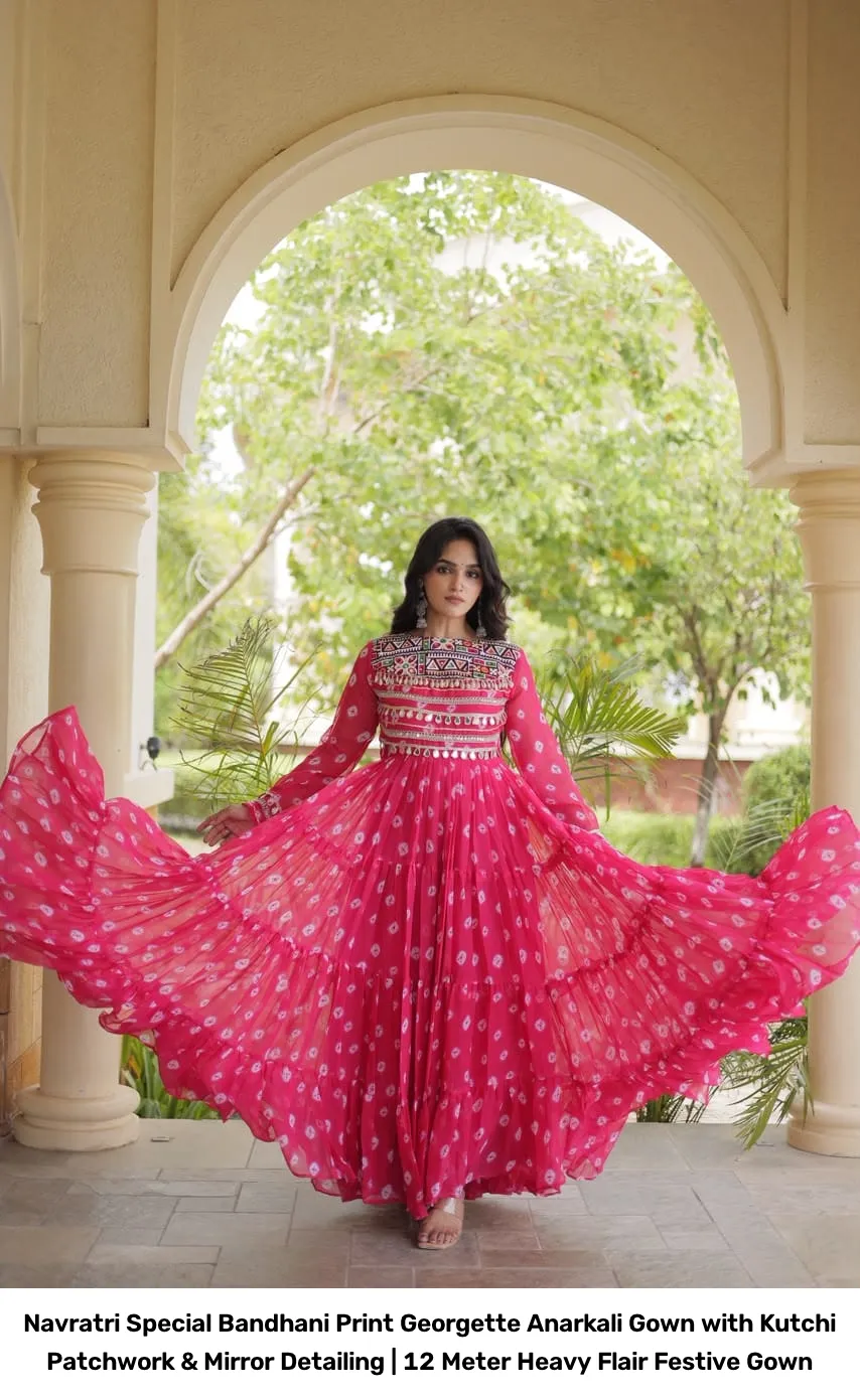 Navratri Special Bandhani Print Georgette Anarkali Gown with Kutchi Patchwork & Mirror Detailing | 12 Meter Heavy Flair Festive Gown 6