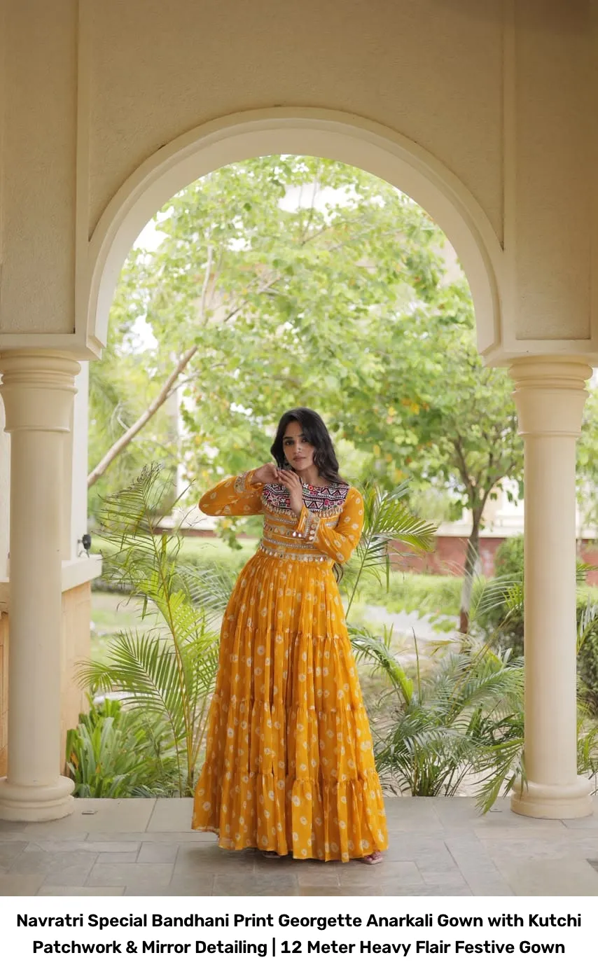 Navratri Special Bandhani Print Georgette Anarkali Gown with Kutchi Patchwork & Mirror Detailing | 12 Meter Heavy Flair Festive Gown 7