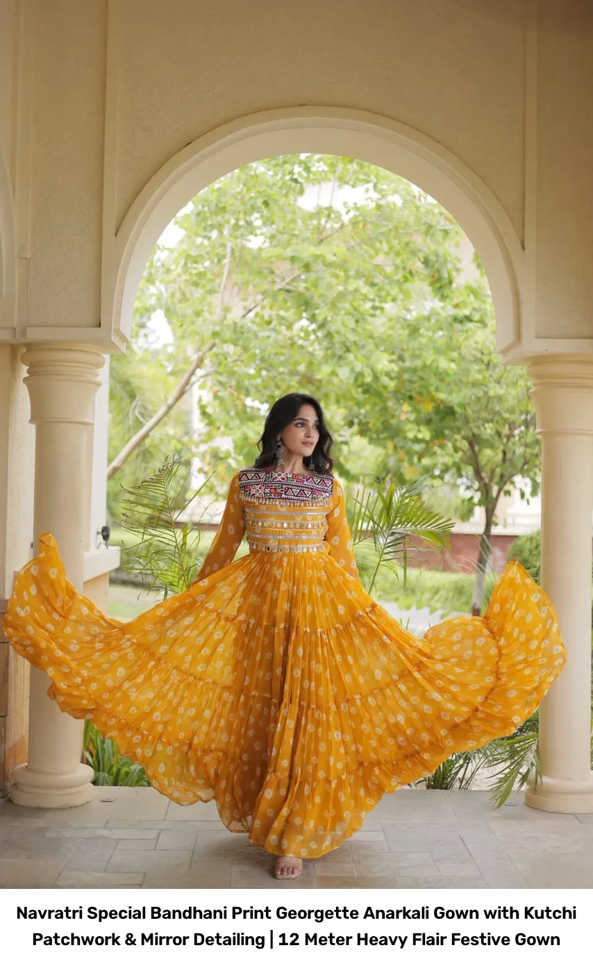 Navratri Special Bandhani Print Georgette Anarkali Gown with Kutchi Patchwork & Mirror Detailing | 12 Meter Heavy Flair Festive Gown 8