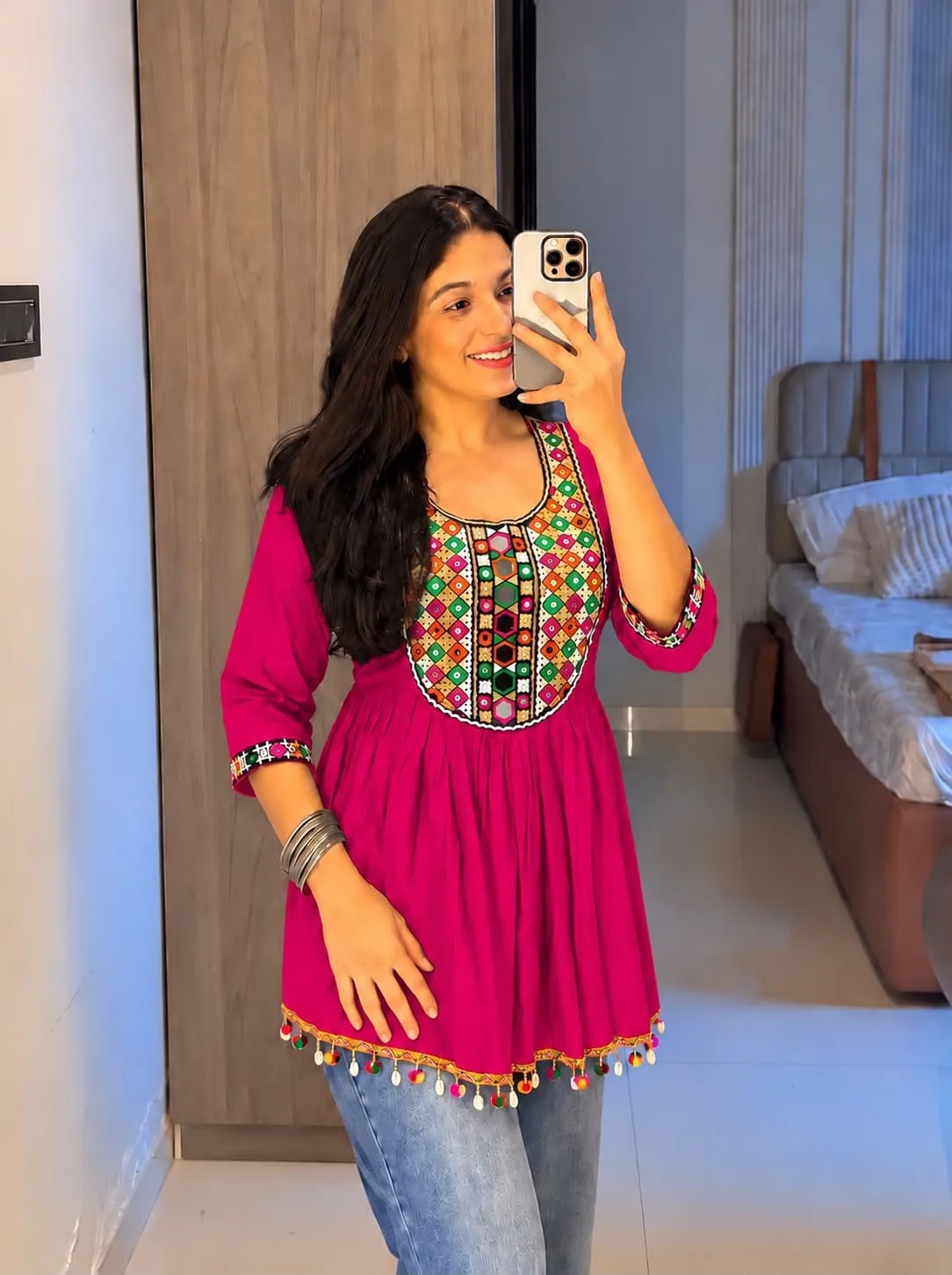 Navratri Special Gamthi Work Short Kurti for Women – Heavy Rayon Peplum Tunic with Real Mirror & Kodi Lace (M to XXL)